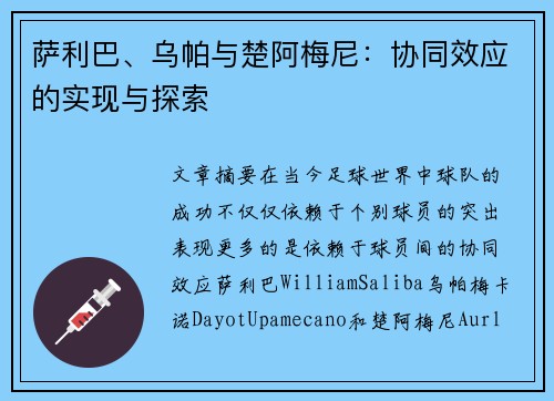 萨利巴、乌帕与楚阿梅尼:协同效应的实现与探索