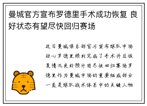曼城官方宣布罗德里手术成功恢复 良好状态有望尽快回归赛场 曼城官方宣布罗德里手术成功恢复 良好状态有望尽快回归赛场