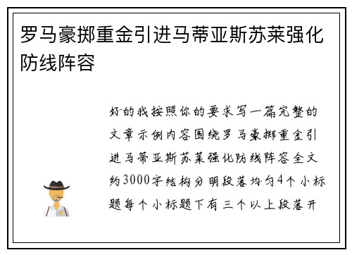 罗马豪掷重金引进马蒂亚斯苏莱强化防线阵容